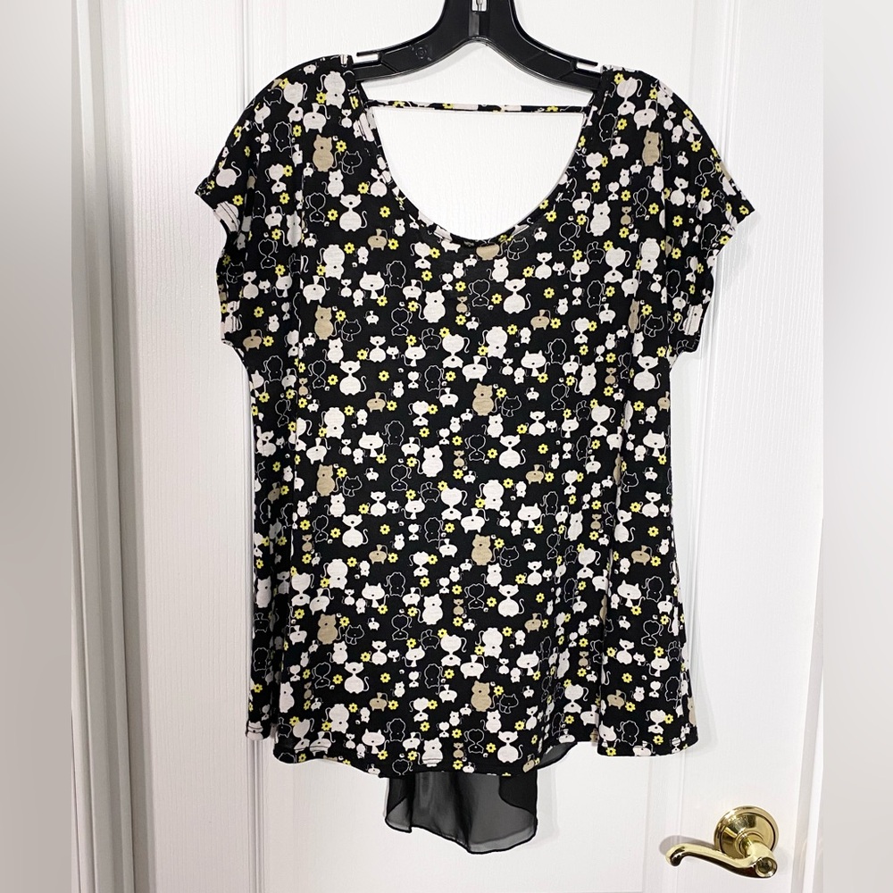 Y2K CAT & Flower Print Maternity Blouse Sheer Bow Flowy Insert at Back USA MADE